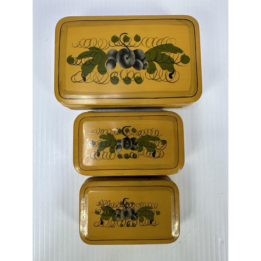 3 VINTAGE TOLE HAND PAINTED METAL TRINKET BOX ELIZABETH M CUMMINGSβ 1954